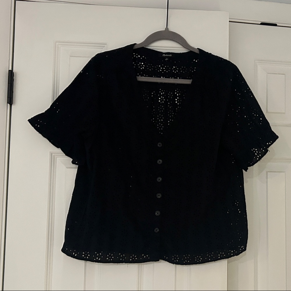 Madewell Black Floral Eyelet Short Sleeve Top